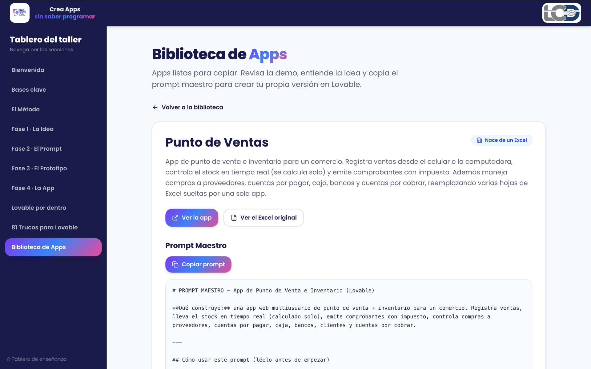 Cada app trae demo y prompt maestro